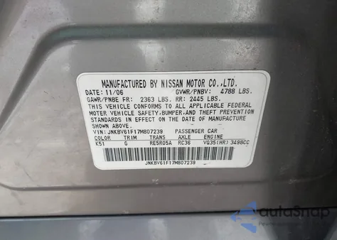 2007 Infiniti G35X z USA, uszkodzony, nr VIN JNKBV61F17M807239